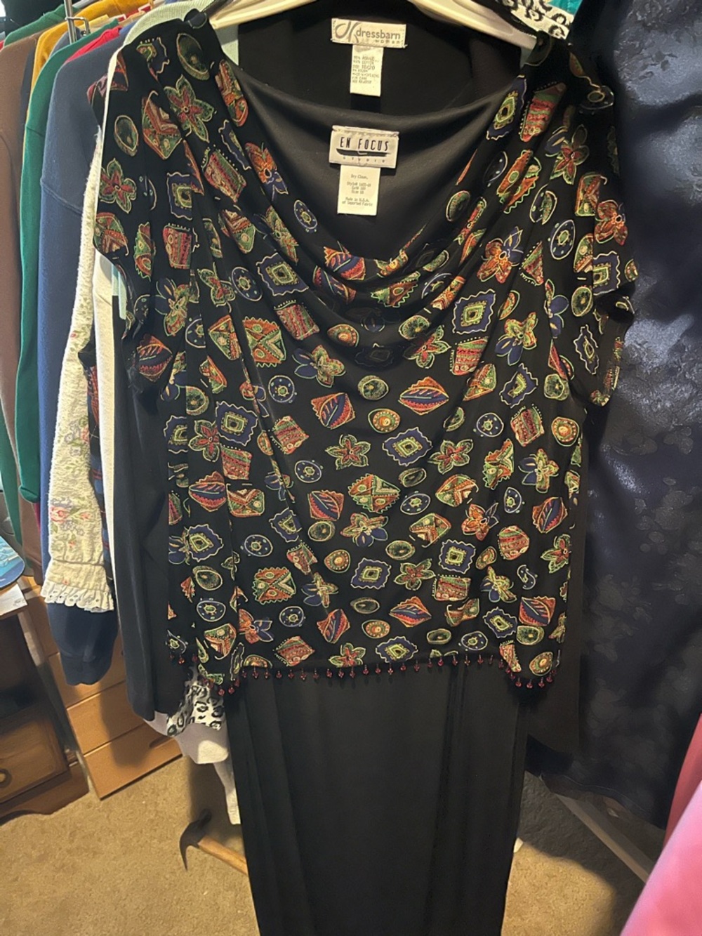 Blk Beaded Hem Cowl Neck top with Multicolor Paisley Print and bl maxi skirt 18